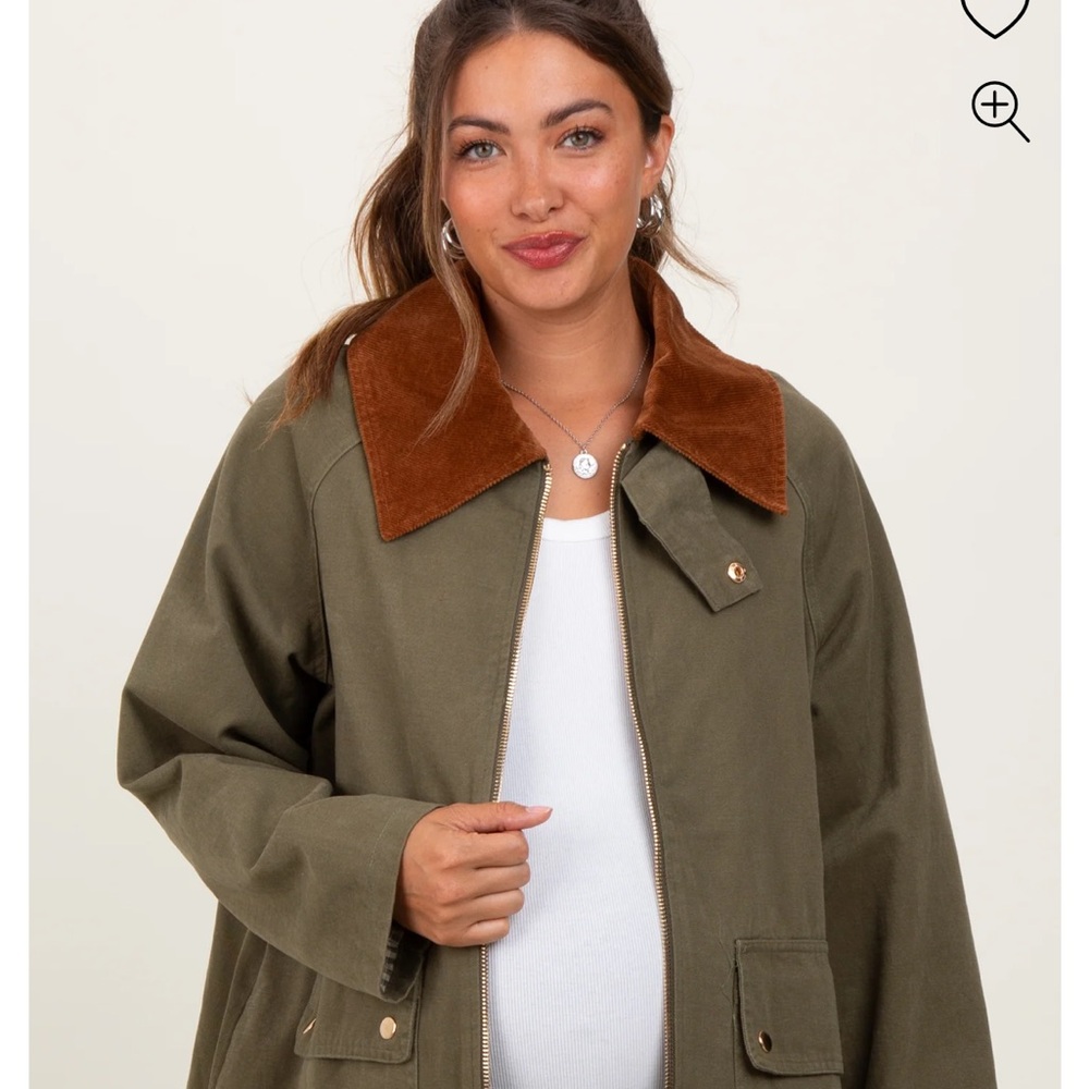 Olive Gingham Lined Maternity Zipper Jacket